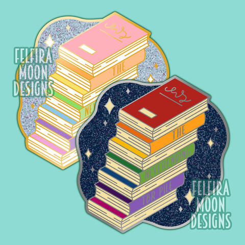 The neverending TBR pile enamel pin designs