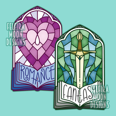 Romance and Fantasy stained glass inspired designs for stickers