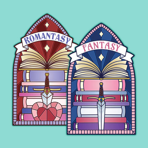 Bookshelf marker designs inspired by stained glass windows and book genres